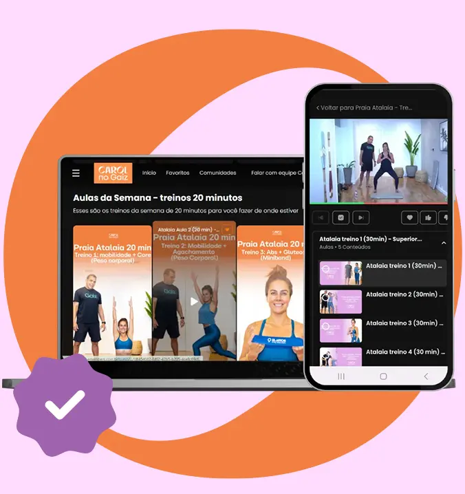 Plataforma Carol no Gaiz exibida em notebook e celular, com aulas de treino online de Carol Barcellos para fazer em casa.